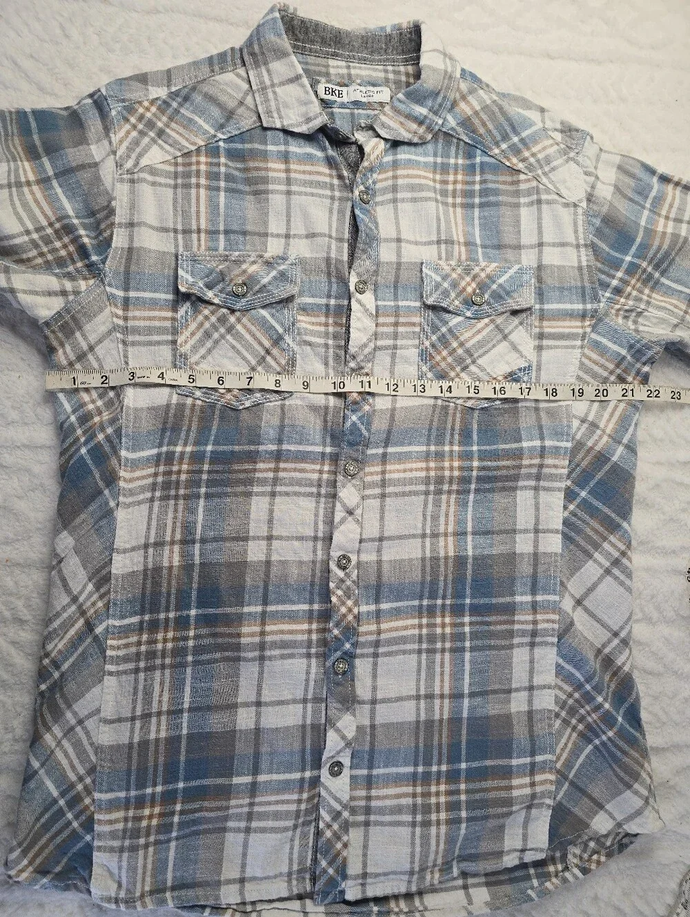 BKE Plaid Button-up Shirt Blue Gray Flannel Cotton Athletic Fit Western L